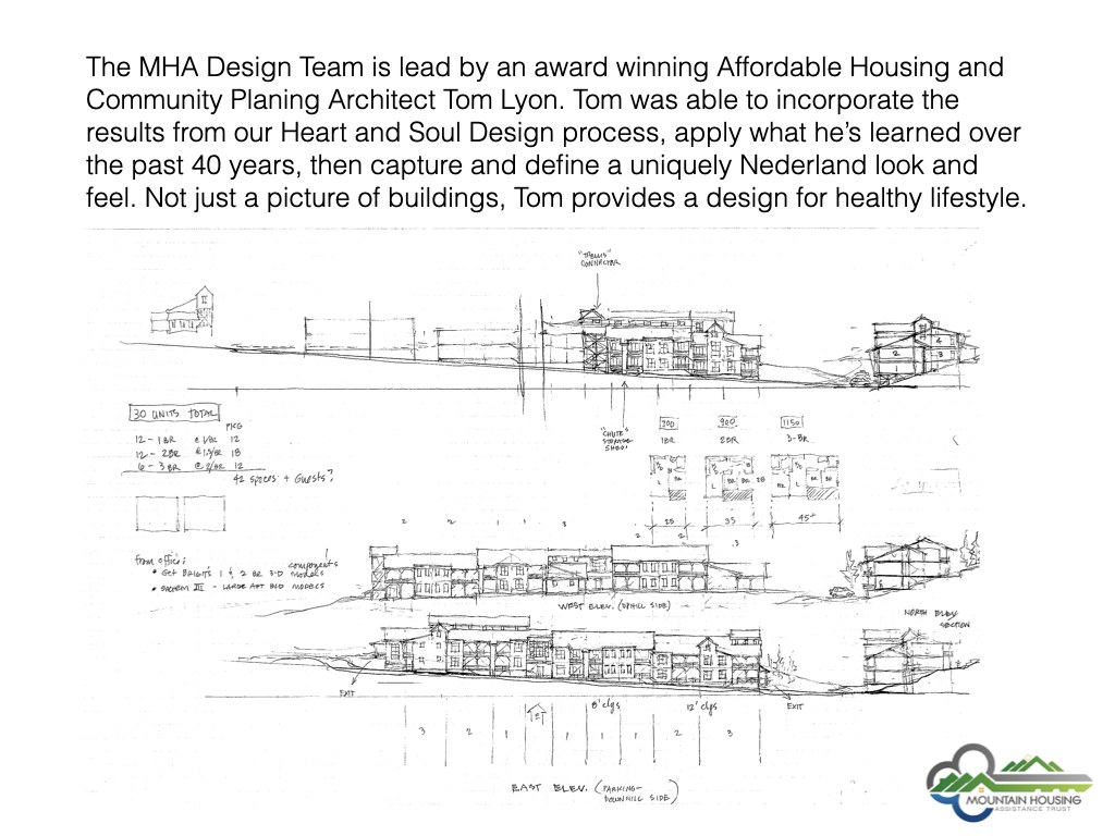 Hand-drawn elevation and section sketches of the Bobcat Ridge buildings by the MHA design team