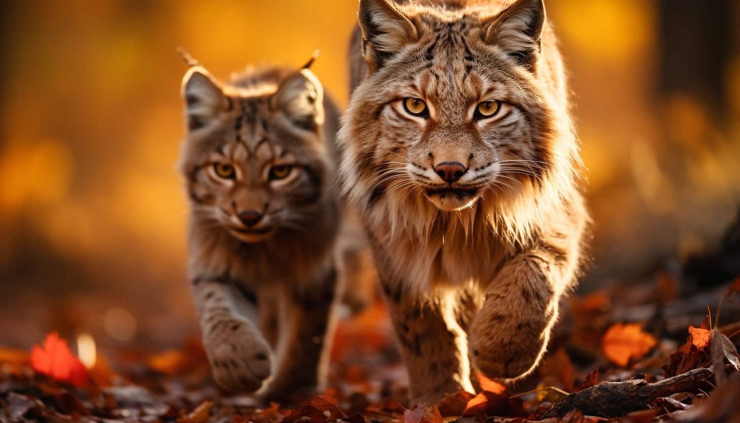 Two bobcats moving through a golden autumn forest — Bobcat Ridge, Nederland, Colorado