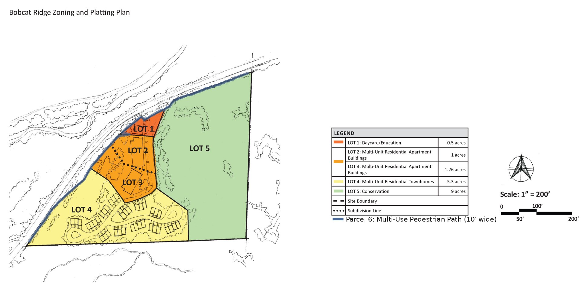 Bobcat Ridge zoning and platting plan — six parcels, with the conservation forest (Lot 5) and the multi-use pedestrian path (Parcel 6) traced along the Eldora Road property boundary